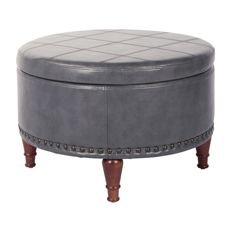 Alloway Storage Ottoman in Pewter Faux Leather with Antique Bronze Nailheads