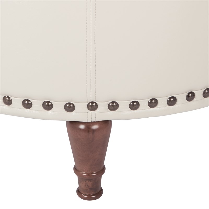 Alloway Storage Ottoman in Cream Faux Leather with Antique Bronze Nailheads