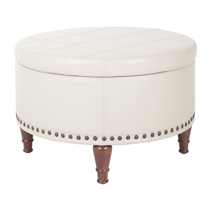 Alloway Storage Ottoman in Cream Faux Leather with Antique Bronze Nailheads