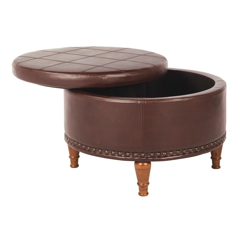 Alloway Storage Ottoman in Espresso Faux Leather with Antique Bronze Nailheads