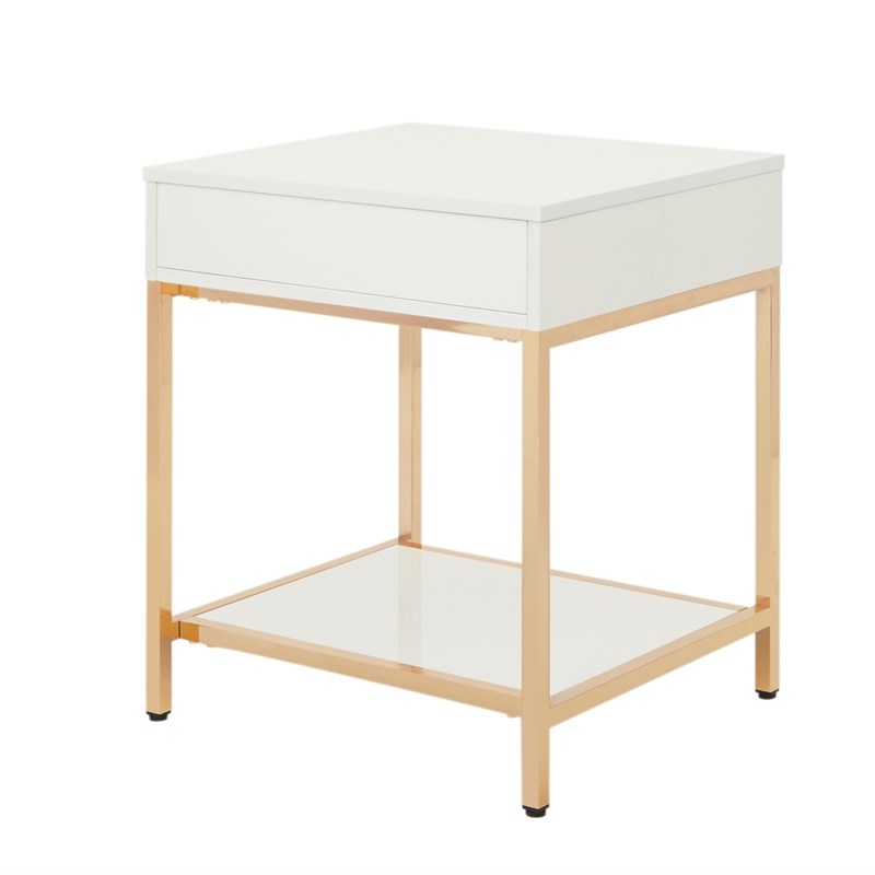 Alios End Table with White Gloss Finish Gold Plated Base Engineered Wood