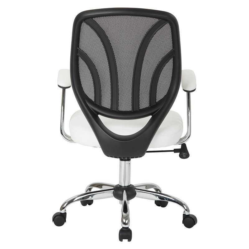 Screen Back Chair  in White Faux Leather with Chrome Padded Arms