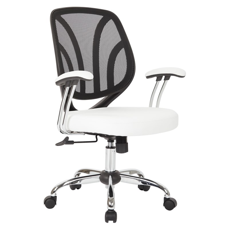 Screen Back Chair  in White Faux Leather with Chrome Padded Arms