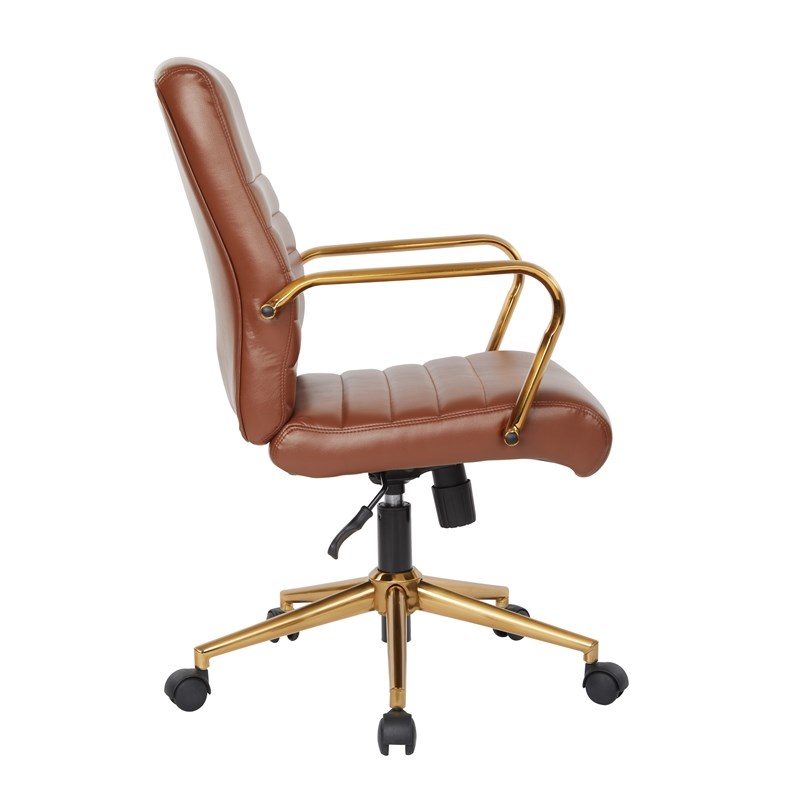 Mid-Back Saddle Brown Faux Leather Office Chair with Gold Frame
