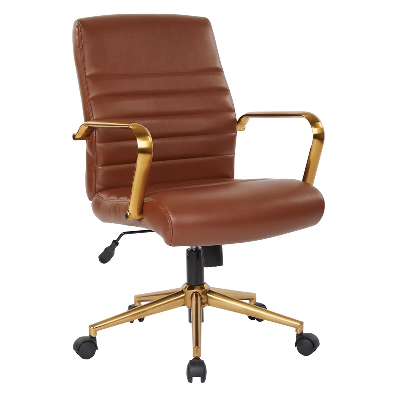 Mid-Back Saddle Brown Faux Leather Office Chair with Gold Frame
