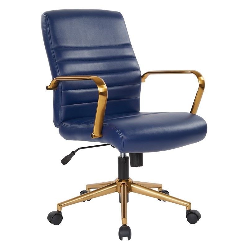 Mid-Back Navy Faux Leather Chair with Gold Finish Arms and Base K/D