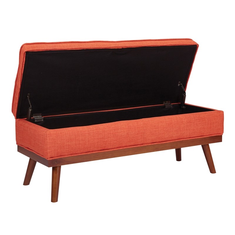 Katheryn Storage Bench in Tangerine Orange Fabric with Light Espresso Legs