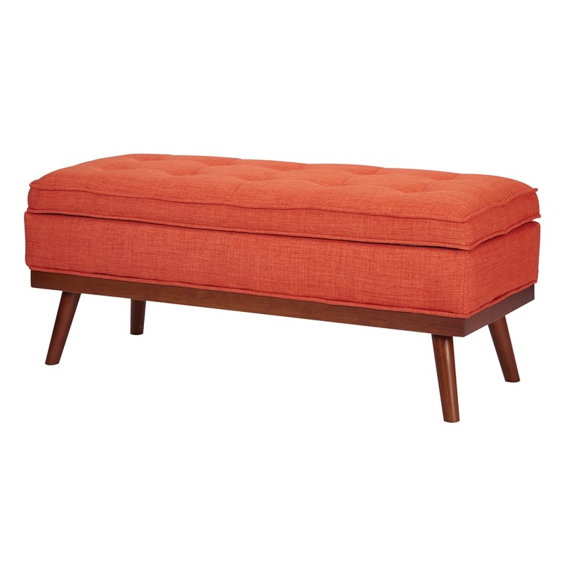 Katheryn Storage Bench in Tangerine Orange Fabric with Light Espresso Legs