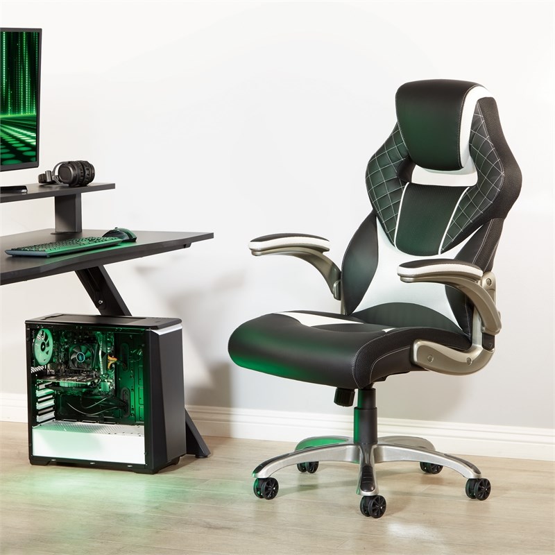 Oversite Gaming Chair in Black Faux Leather with White Accents