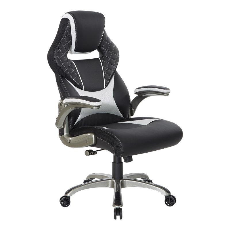 Oversite Gaming Chair in Black Faux Leather with White Accents