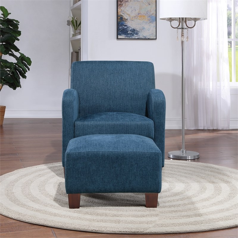 Aiden Chair & Ottoman Herringbone Navy Blue Fabric with Medium Espresso Legs