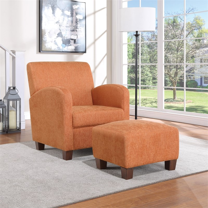 Aiden Chair & Ottoman Herringbone Orange Fabric with Medium Espresso Legs