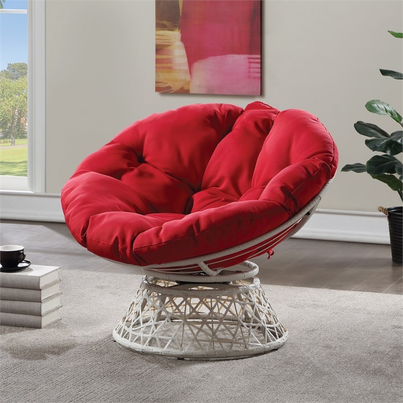 Papasan Chair with Red Round Fabric Pillow Cushion and Cream Wicker Weave