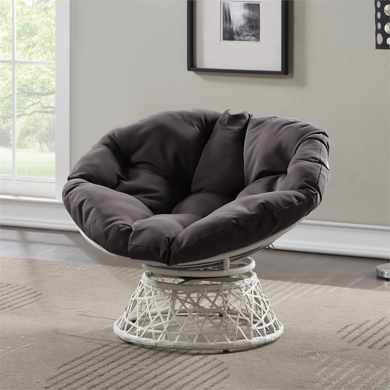 Papasan Chair with Gray Round Fabric Pillow Cushion and Cream Wicker Weave