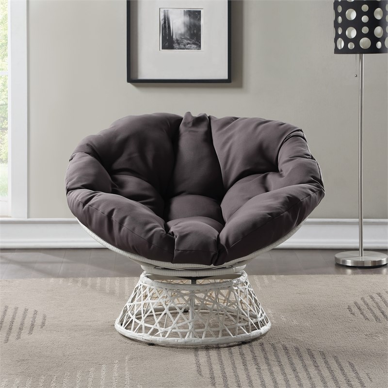 Papasan Chair with Gray Round Fabric Pillow Cushion and Cream Wicker Weave