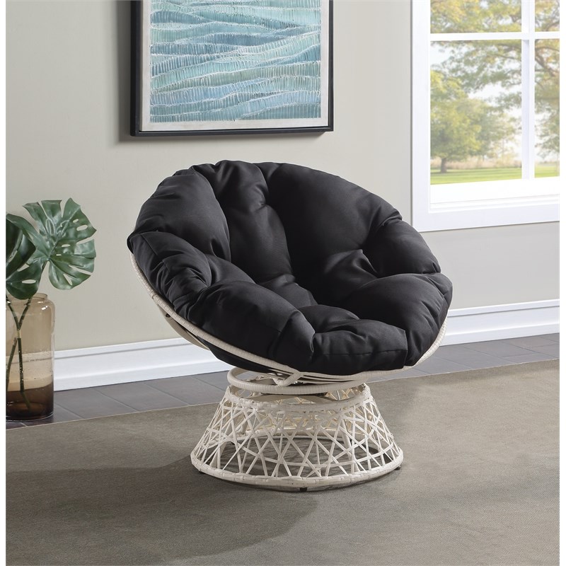 Papasan Chair with Black Round Fabric Pillow Cushion and Cream Wicker Weave