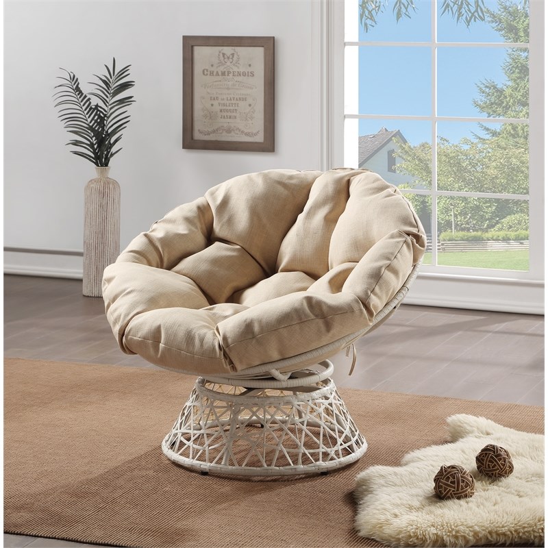 Papasan Chair with Cream Round Fabric Pillow Cushion and Cream Wicker Weave