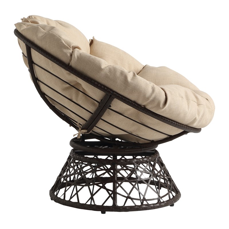 Papasan Chair with Cream Round Fabric Pillow Cushion and Brown Wicker Weave