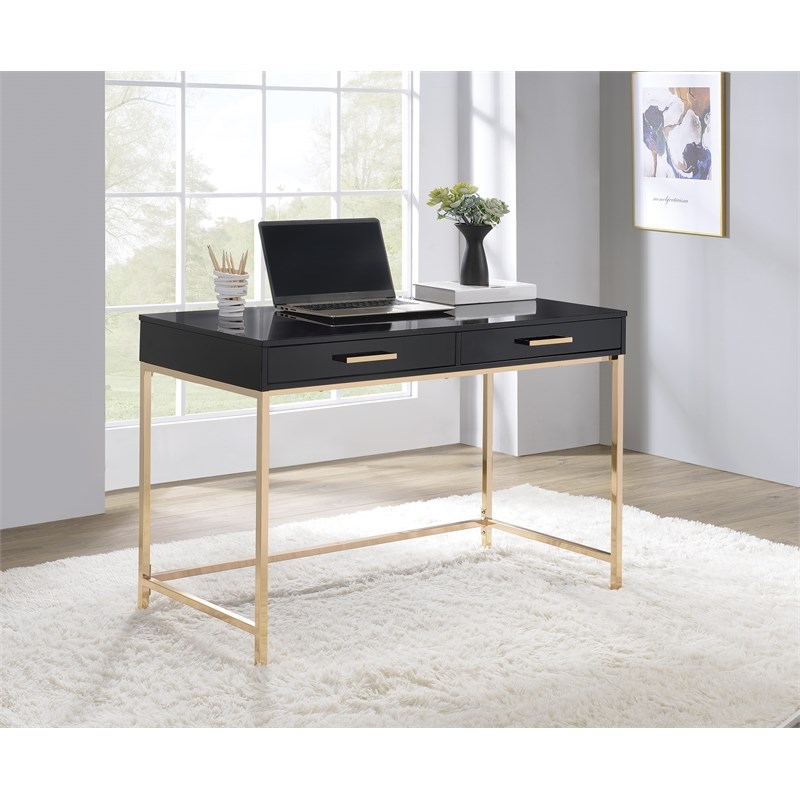 Alios Desk with Black Gloss Finish and Rose Gold Metal Frame