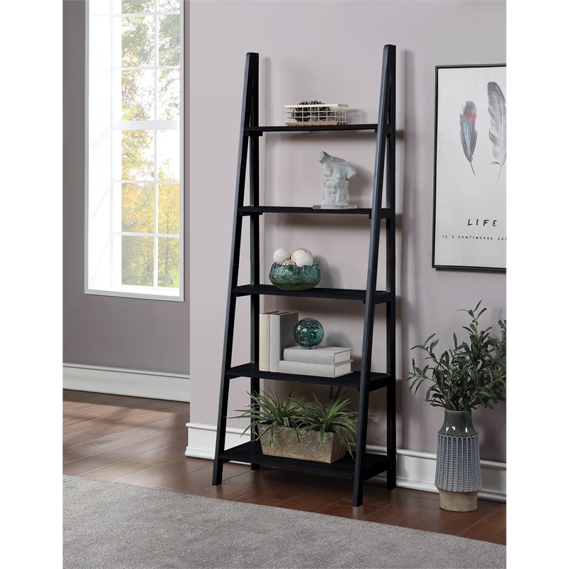 Brookings Wood Ladder Bookcase in Black Finish Homesquare