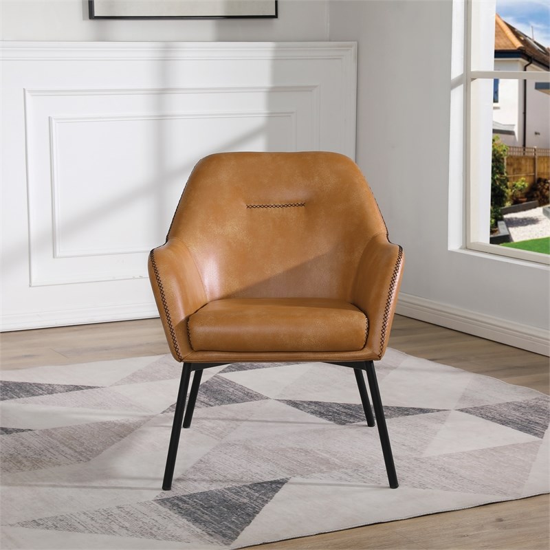 Brooks Accent Chair in Sand Brown Faux Leather with Black Stitch and Black Legs