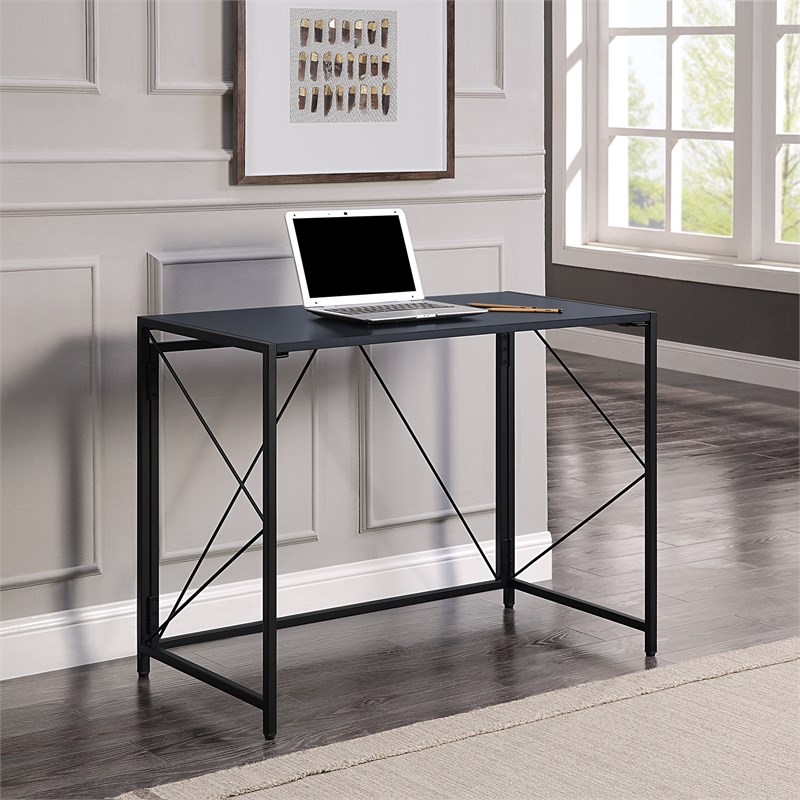 Ravel Tool-less Folding Desk with Black Engineered Wood Top and Metal Frame