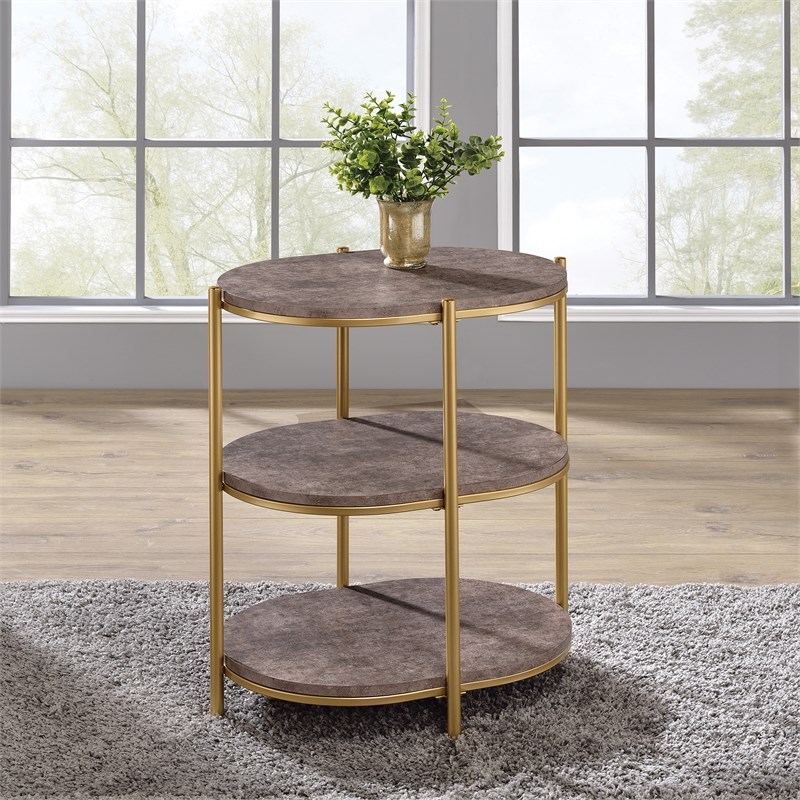 Renton 3-Tier Oval Engineered Wood Table with Brown  Shelves and Soft Gold Frame