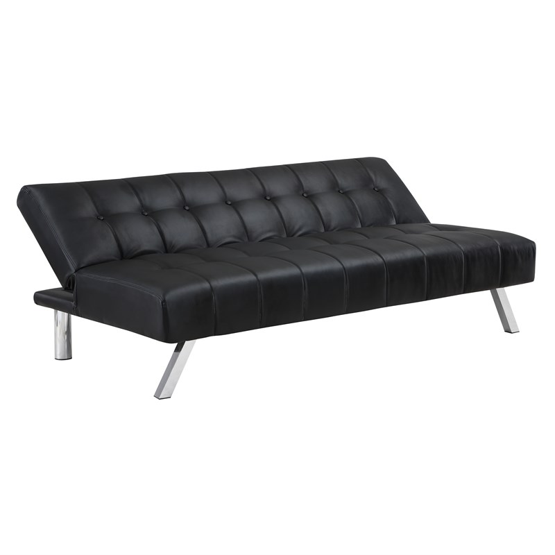 Sawyer Futon in Black Faux Leather with Stainless Steel Legs
