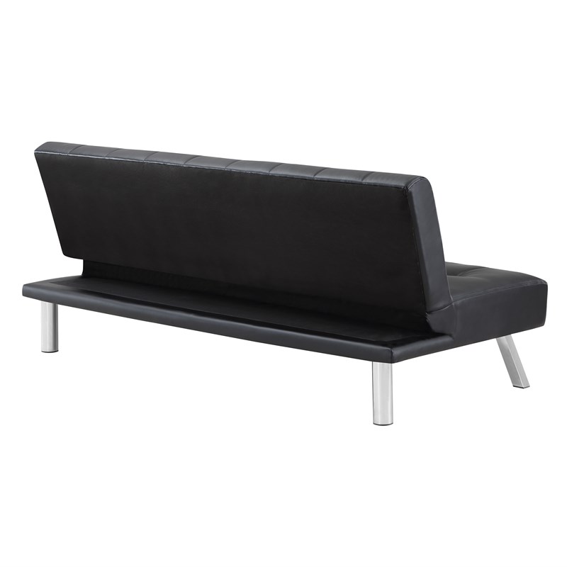 Sawyer Futon in Black Faux Leather with Stainless Steel Legs