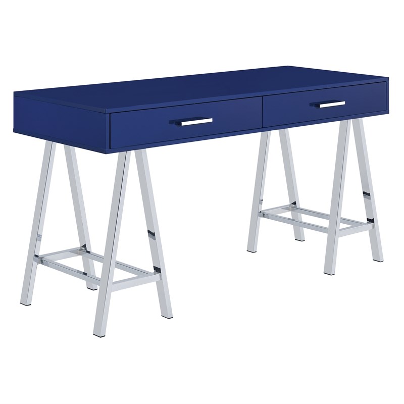 Vivid Desk with 2 Drawers in Lapis Blue Engineered Wood Top and Chrome Base