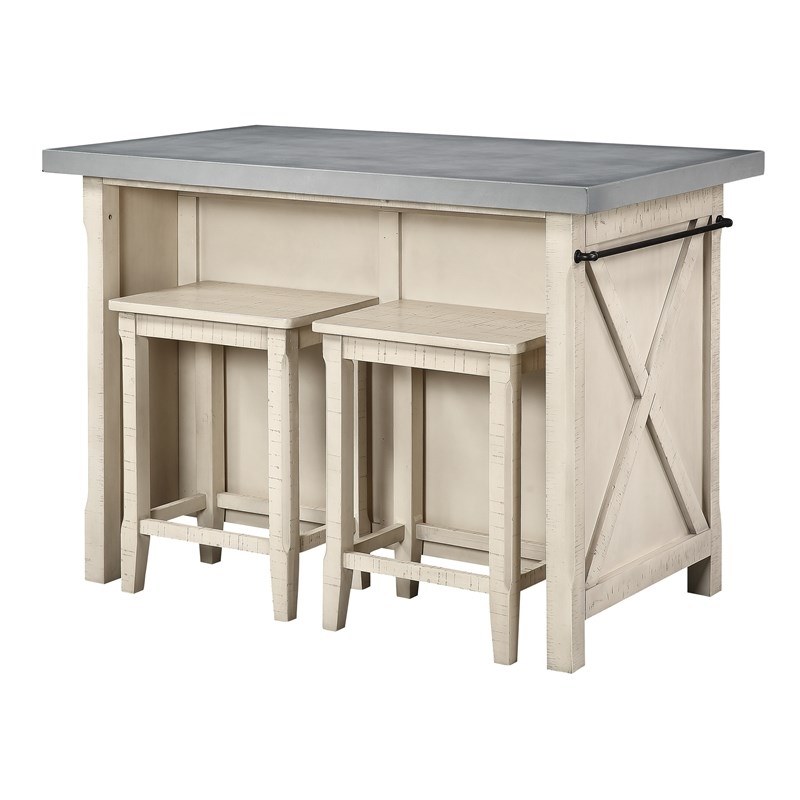 Nashville Kitchen Island in Engineered Wood with Cement Gray Top and 2 Stools