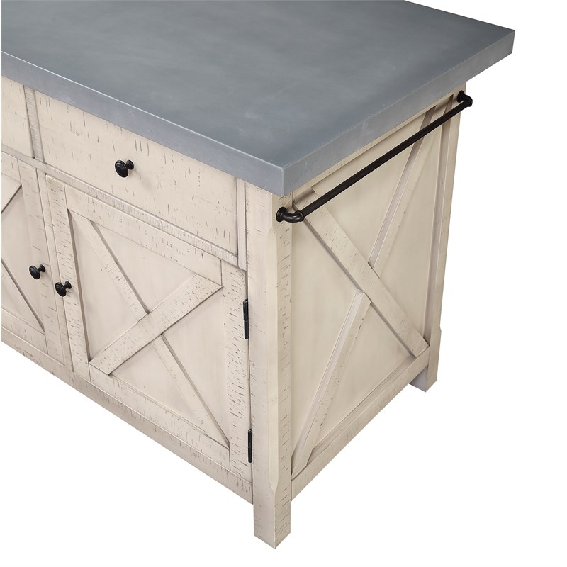 Nashville Kitchen Island in Engineered Wood with Cement Gray Top and 2 Stools