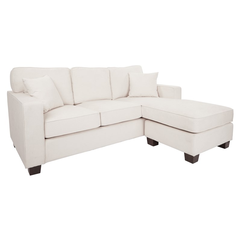 Russell Sectional in Ivory White Fabric with 2 Pillows and Coffee Finished Legs
