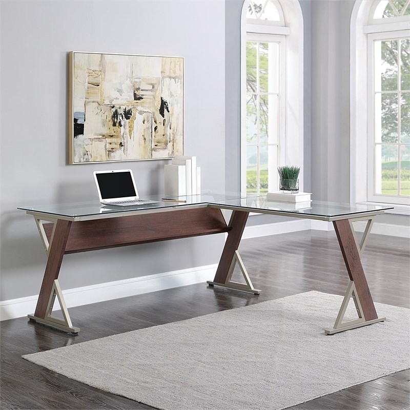 Zenos L-Shape Desk in Traditional Cherry Red Engineered Wood and Metal