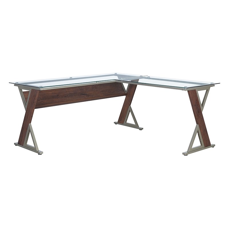 Zenos L-Shape Desk in Traditional Cherry Red Engineered Wood and Metal