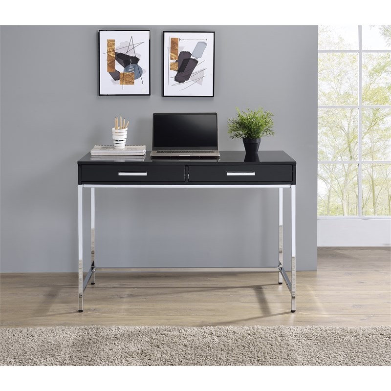 Alios Desk with Black Gloss Finish Engineered Wood and Chrome Frame
