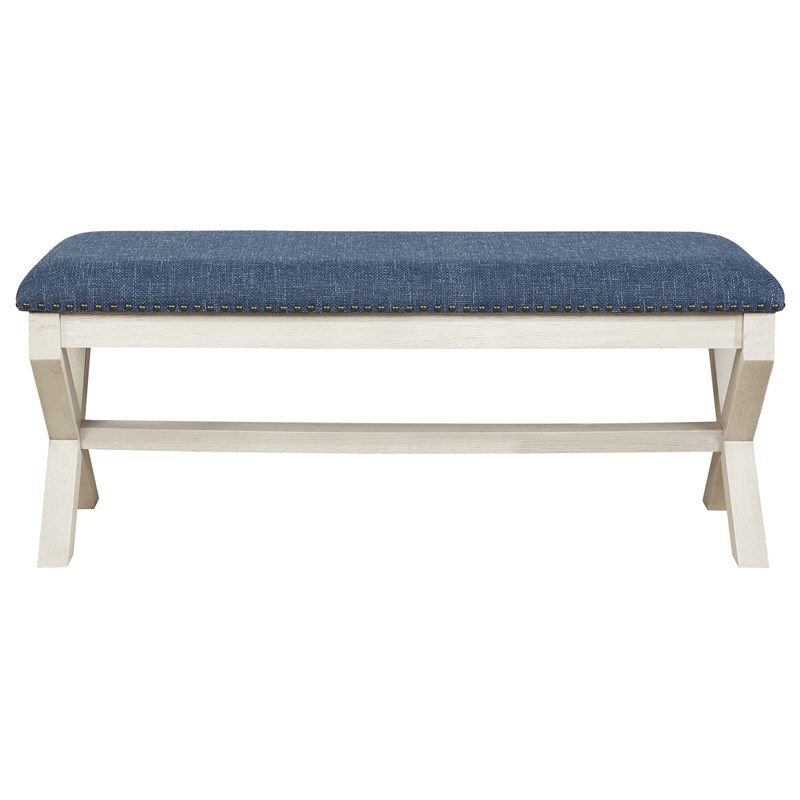 Monte Carlo Bench with White Wash Base and in Navy Blue Fabric