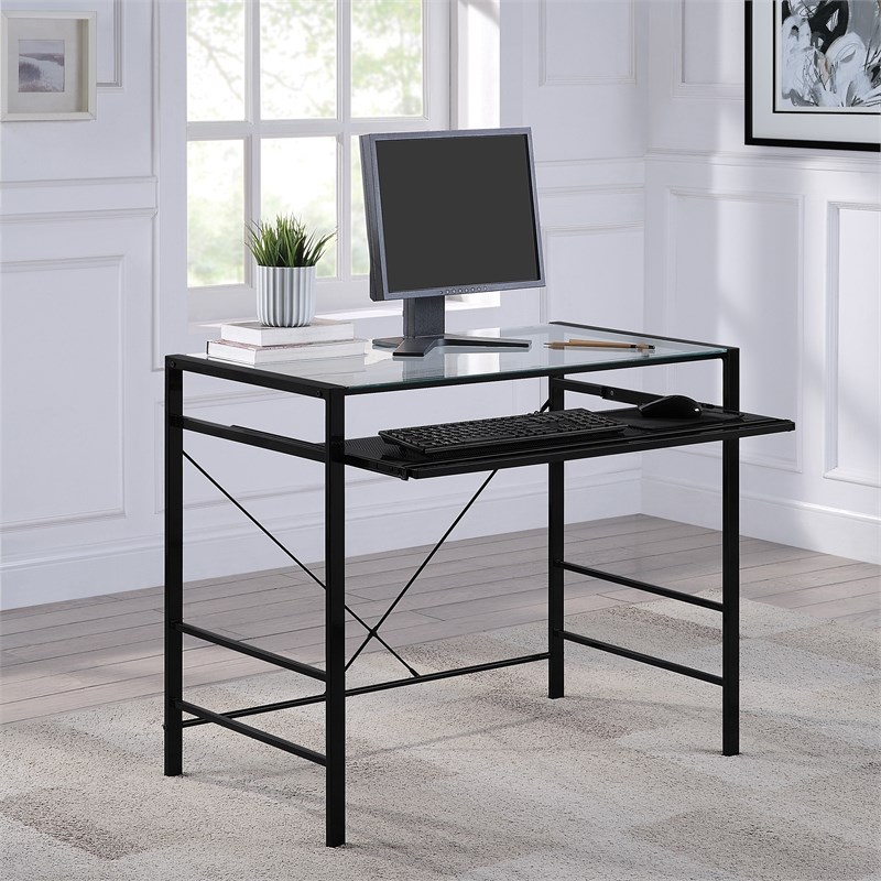 Zephyr Computer Desk with Clear Tempered Glass Top and Black Metal Frame