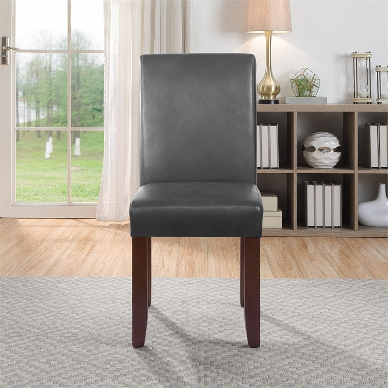 Parsons Dining Chair in Pewter Gray Faux Leather with Medium Espresso Legs
