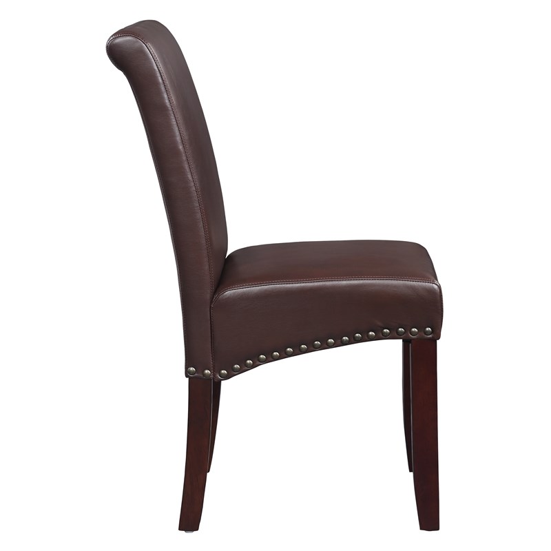 Parsons Dining Chair with Antique Bronze Nail Heads in Cocoa Faux Leather
