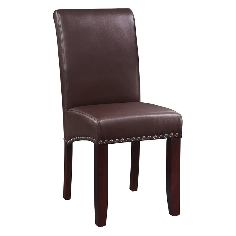 Parsons Dining Chair with Antique Bronze Nail Heads in Cocoa Faux Leather