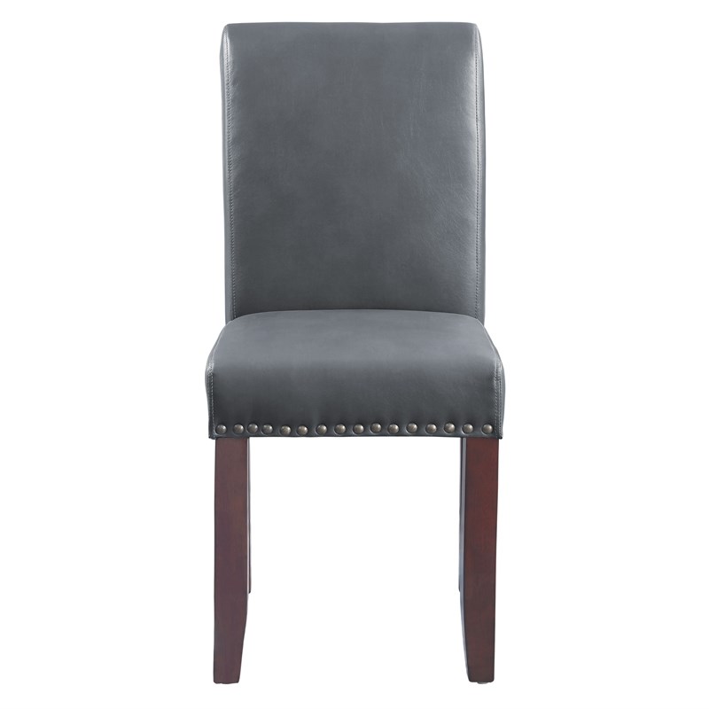 Parsons Dining Chair with Antique Bronze Nail Heads in Pewter Gray Faux Leather
