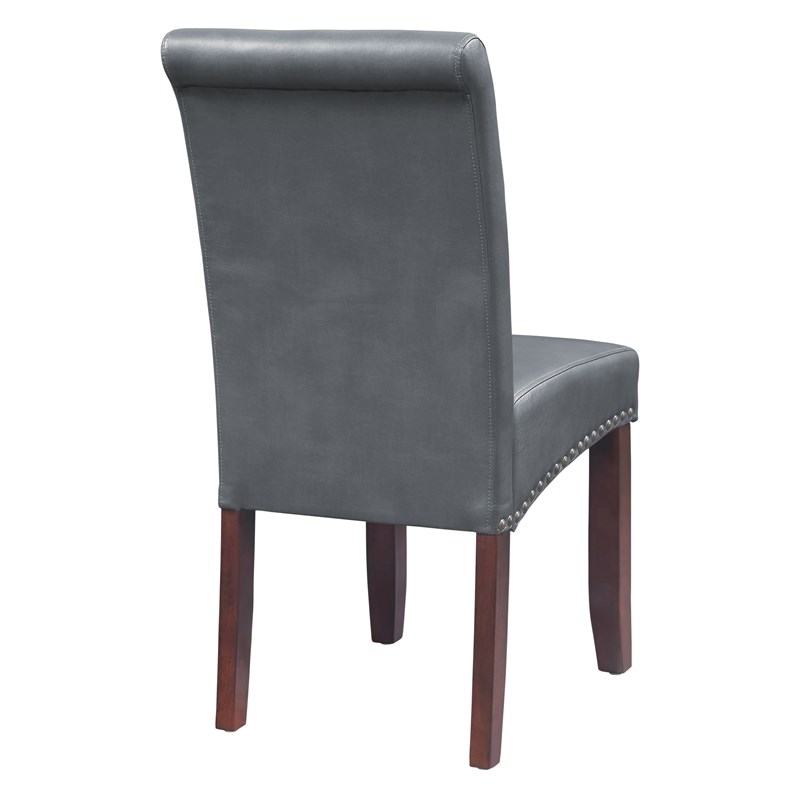 Parsons Dining Chair with Antique Bronze Nail Heads in Pewter Gray Faux Leather
