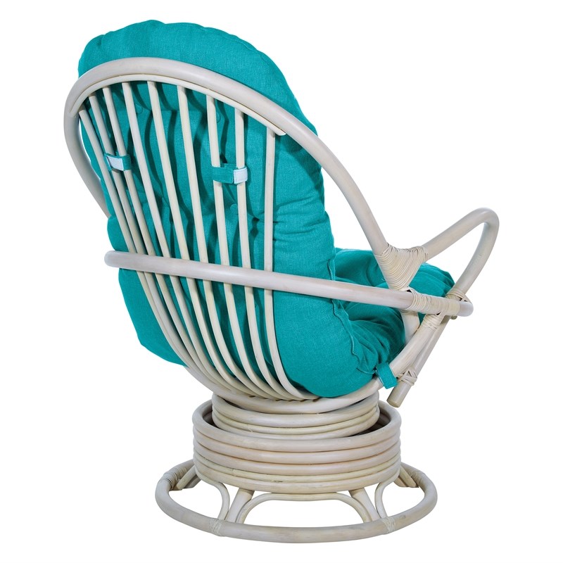 Lanai Rattan Swivel Rocker Chair in Blue Fabric with White Wash Frame