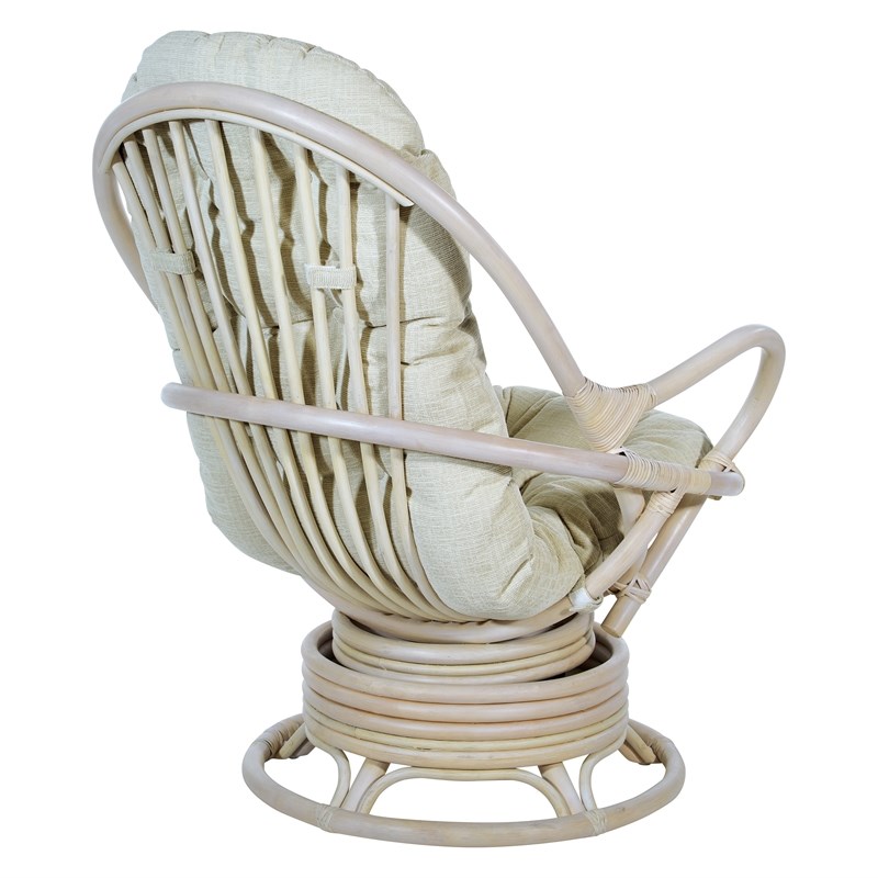 Lanai Rattan Swivel Rocker Chair in Linen White Fabric with White Wash Frame