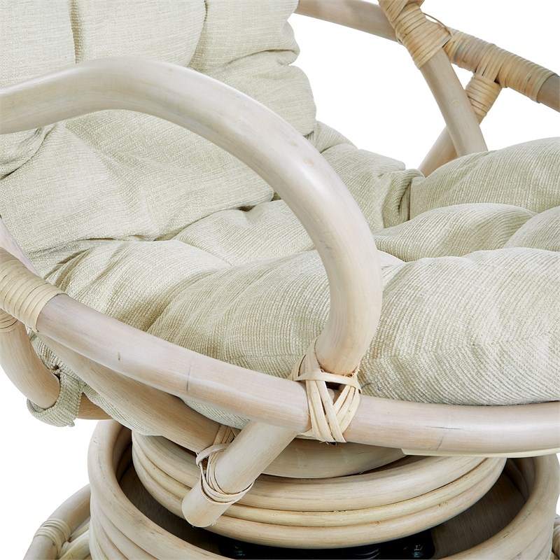 Lanai Rattan Swivel Rocker Chair in Linen White Fabric with White Wash Frame