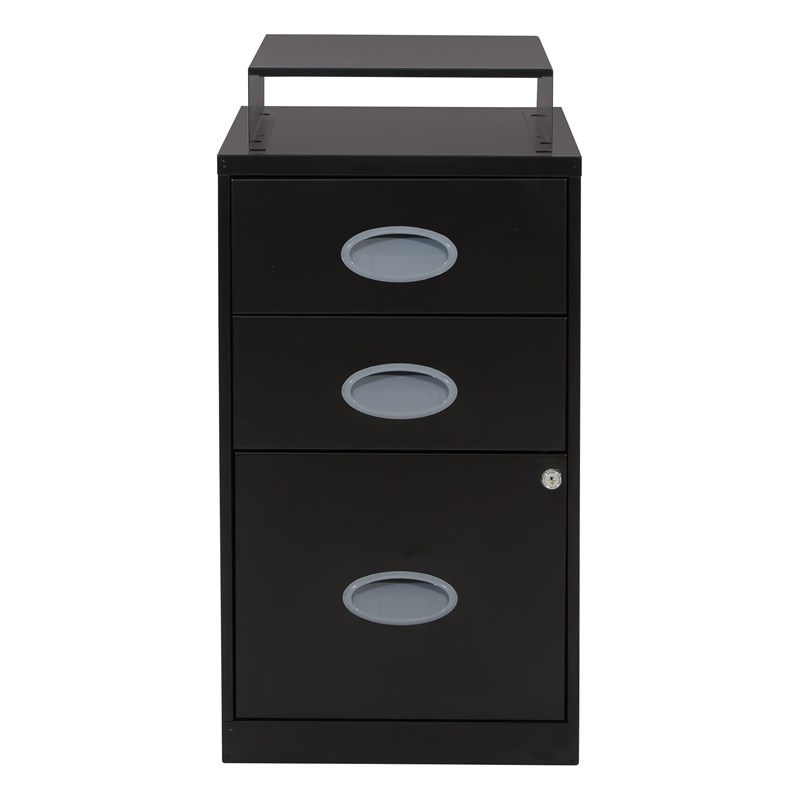 3 Drawer Locking Metal File Cabinet w/ Top Shelf in Black