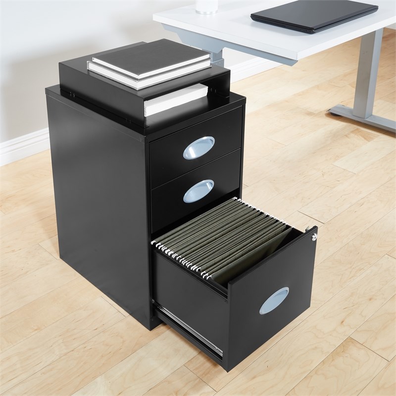 3 Drawer Locking Metal File Cabinet w/ Top Shelf in Black