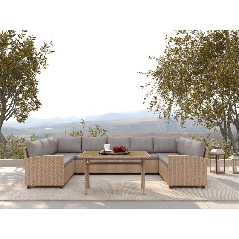 Unique Furniture 9 Seat Steel and Rattan Outdoor Lounge Sofa Set in Natural