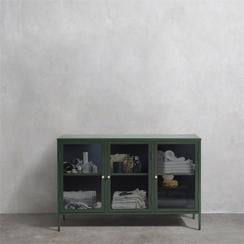 Unique Furniture Bronco 3-Door Contemporary Glass & Metal Sideboard in Green